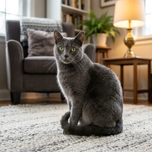 Radiant Green-Eyed Grey Domestic Short Hair Cat | Cozy Home Interior