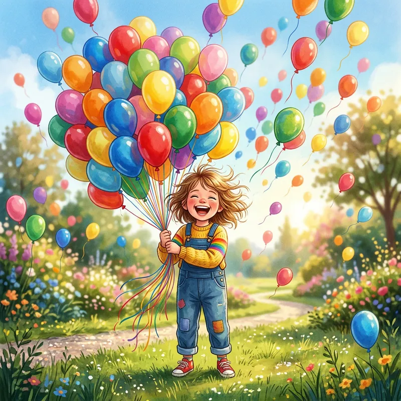 Playful Child Portrait with Colorful Balloons | Vibrant Illustration Style