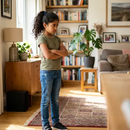 South Asian Girl Expressing Jealousy in Sunlit Room