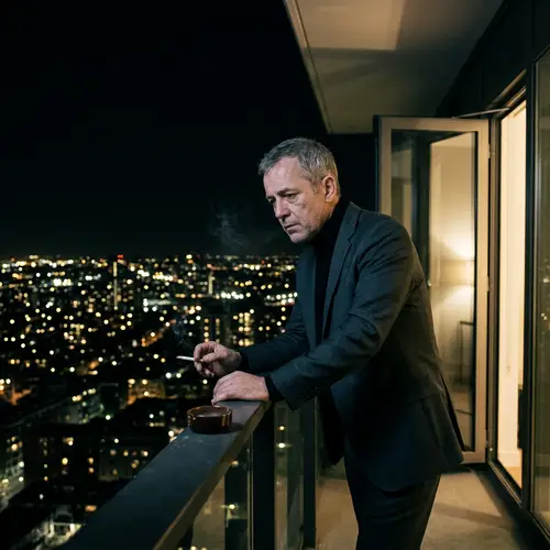 Solitude and Melancholy: Contemplative Man on Balcony in the City