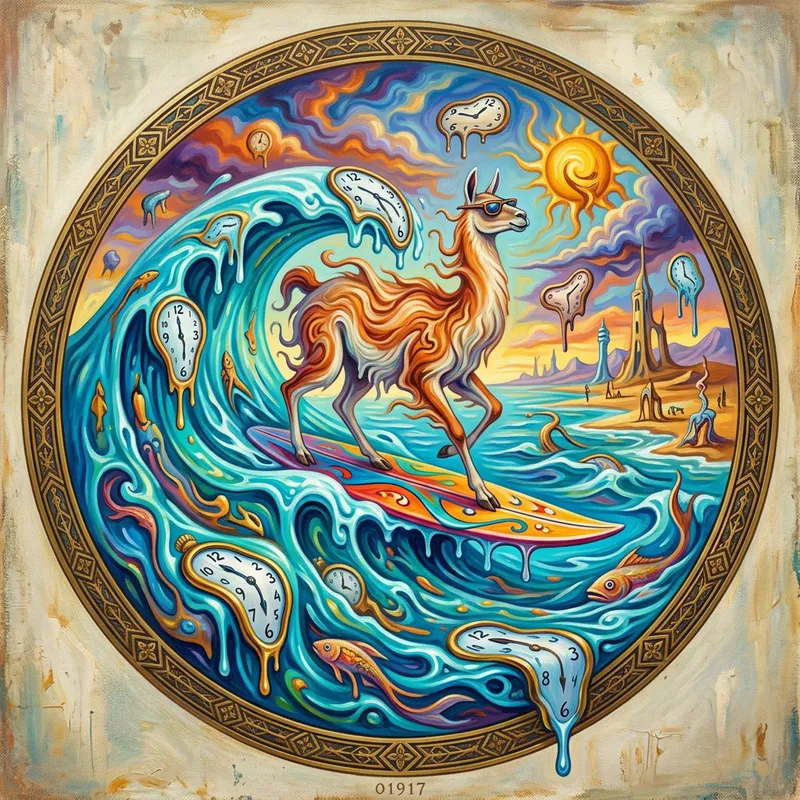 Surreal Lama Riding Surfboard in Ocean Wave Art Surreal Lama Riding Surfboard in Ocean Wave Art