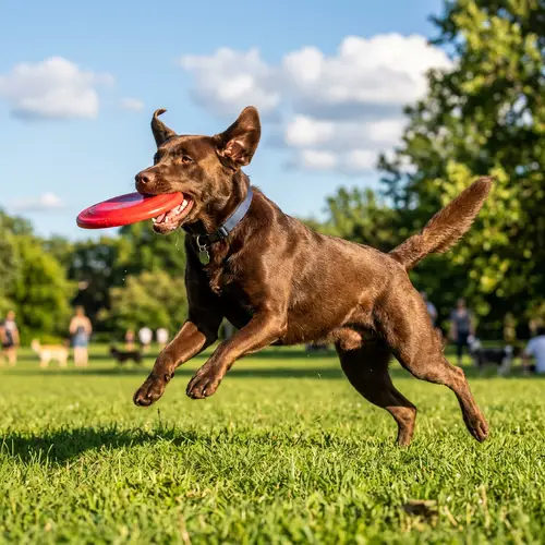 Medium-Sized Dog Catching Red Frisbee | Green Park Playtime