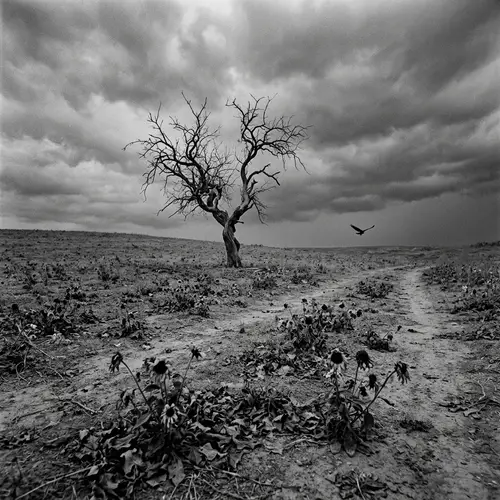 Haunting Melancholy: Solitary Tree in Barren Landscape