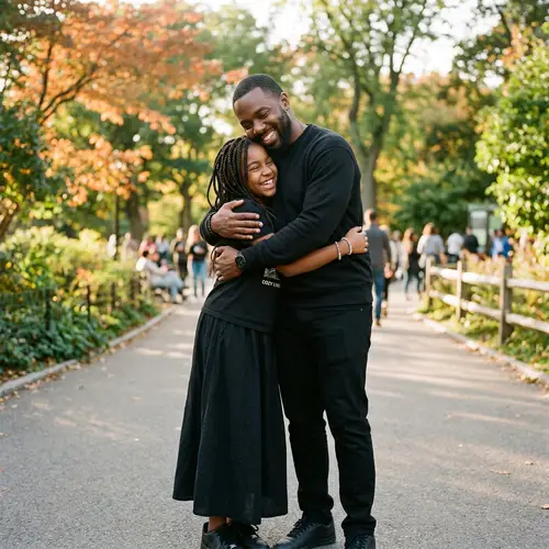 Melanated Man Hugging Tomboyish Girl in Black Attire