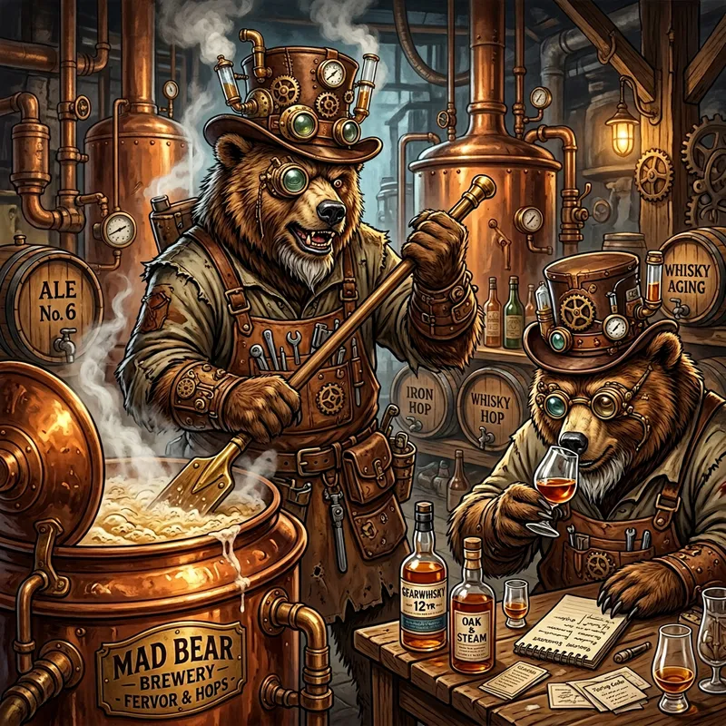 Steampunk Bear Brewmaster: Mad Bald Beer Brewer & Whisky Taster Steampunk Bear Brewmaster: Mad Bald Beer Brewer & Whisky Taster