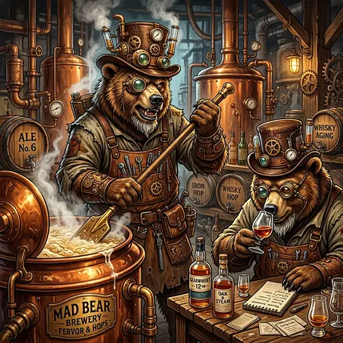 Steampunk Bear Brewmaster: Craft Beer Enthusiast & Whisky Taster