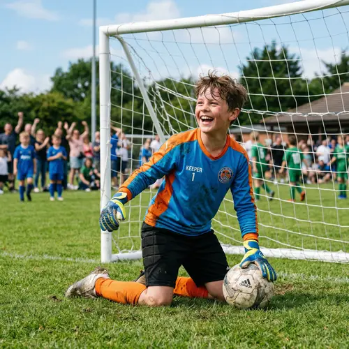 Happy Boy Playing Soccer as Goalkeeper