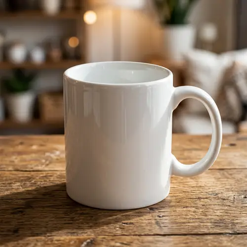 White Porcelain Mug Mockup on Wooden Table