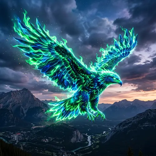 Majestic Eagle in Green & Blue Flames