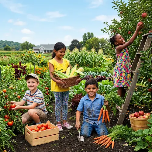 Diverse Children Harvesting on a Vibrant Farm - Joyful Scene