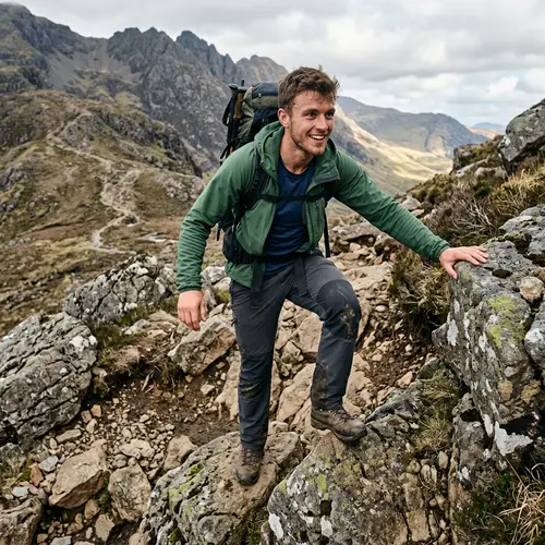 Young Male Overcoming Rugged Terrain Challenges with Determination