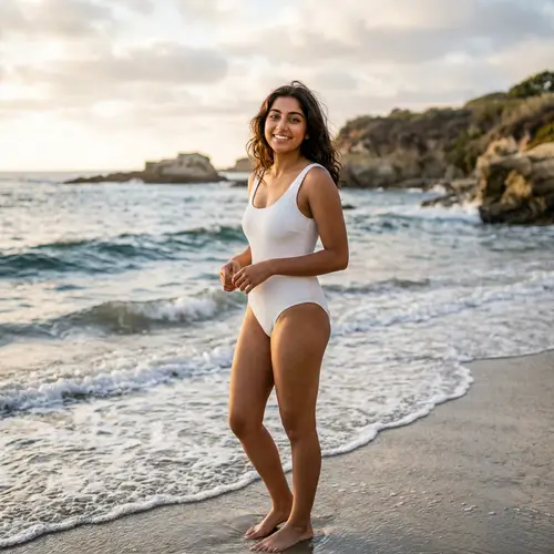 Elegant White Swimsuit on Pacific Ocean Coastline - Youth and Vitality