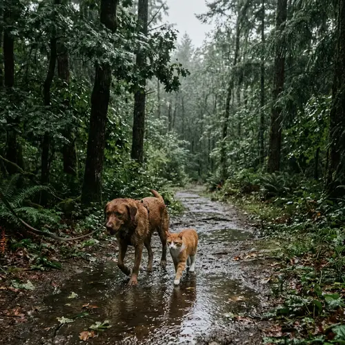 Cat and Dog Walking on Forest Trail in the Rain