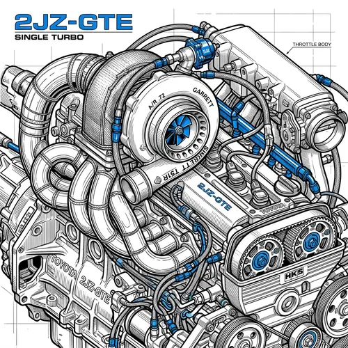 Detailed 2JZ Motor with Turbo Technical Drawing in Black & Blue