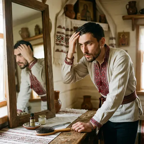 Traditional Ukrainian Man Grooming in Lighted Room