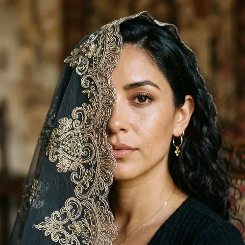 Hispanic Woman with Elegant Veiled Half Face | Intricate Filigree Patterns