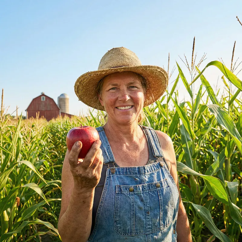 Middle-Aged Female Farmer in Vibrant Cornfield
