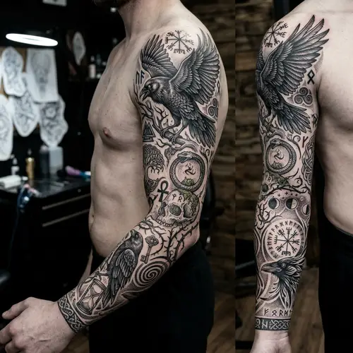 Mythological Crow Tattoo Full Sleeve Design
