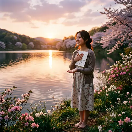 First Time Love: Young Asian Female by Tranquil Lake at Sunset