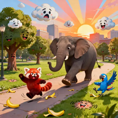 Funny Animated City Park with Laughing Trees