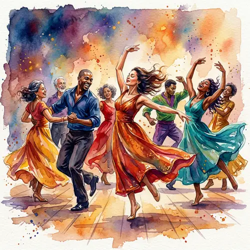 Elegant Watercolor Painting of Diverse Group Engaged in Dance