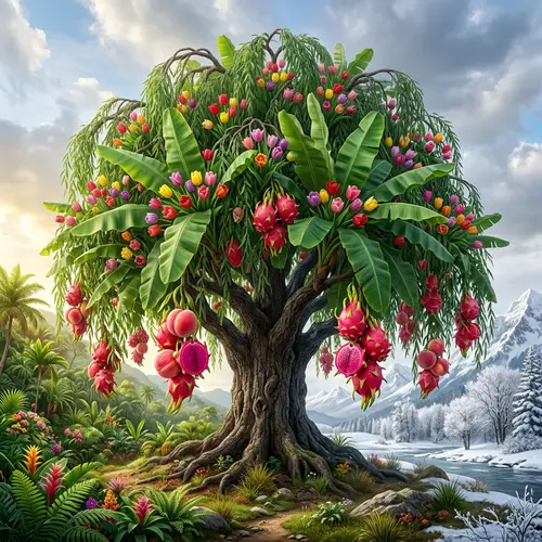 Exotic Plant Organism: Oak Tree Trunk, Weeping Willow Branches, Banana Leaves, Tulip Flowers, Dragon Fruit with Peach Succulence