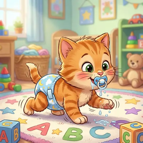 Cute Newborn Kitten in Diapers and Pacifier | Animated Cartoon Style