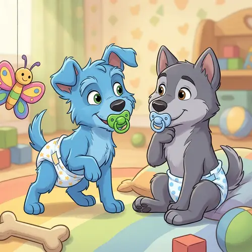 Playful Cartoonish Blue & Grey Animated Dogs - Puppies in Diapers