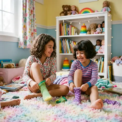 Hispanic Girls Removing Socks in Colorful Bedroom