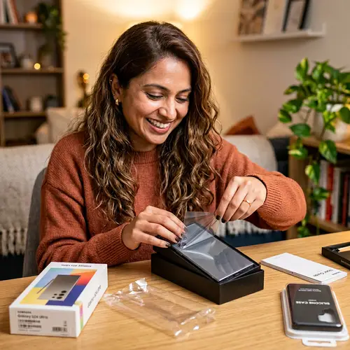 Joyful South Asian Woman Unboxing Modern Mobile Phone
