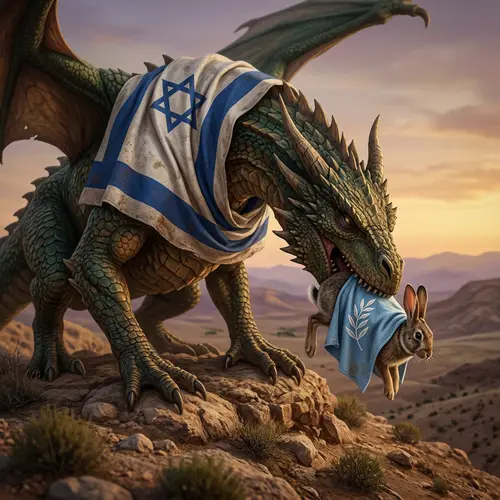 Dragon with Israel Flag Swallowing Rabbit Political Symbol