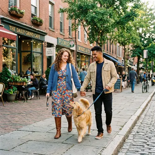 Couple Walking Dog in Charming City Street