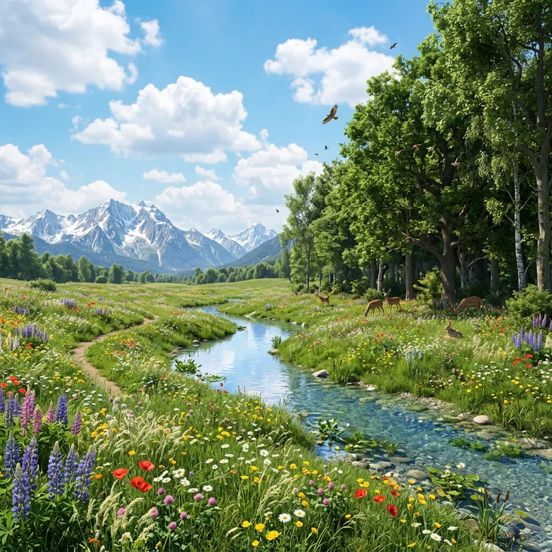 Stunning 3D Nature Artwork with Wildflowers, Stream, and Mountains