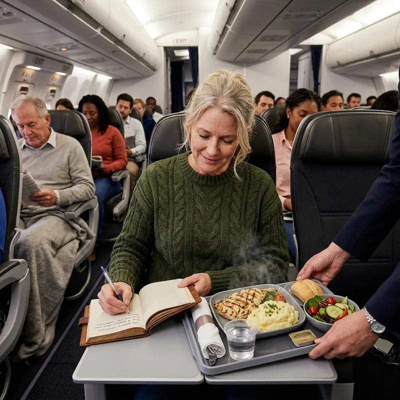 In-Flight Dining Experience: Passenger Writing Note While Meal is Served In-Flight Dining Experience: Passenger Writing Note While Meal is Served