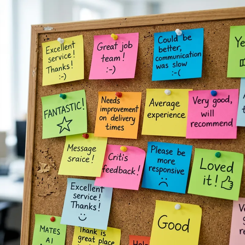 Customer Feedback Messages: Colorful Variety on Corkboard Customer Feedback Messages: Colorful Variety on Corkboard