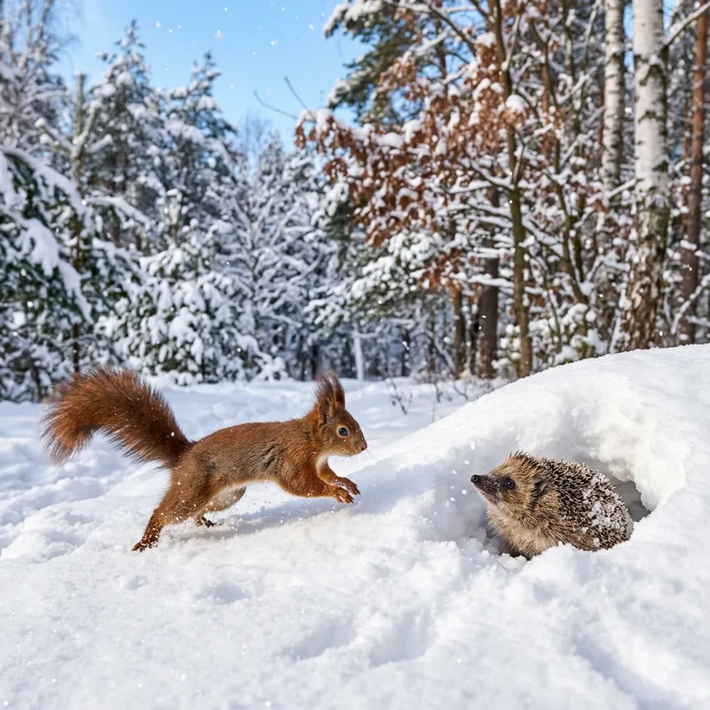 Winter Wildlife: Squirrel and Hedgehog in Snow