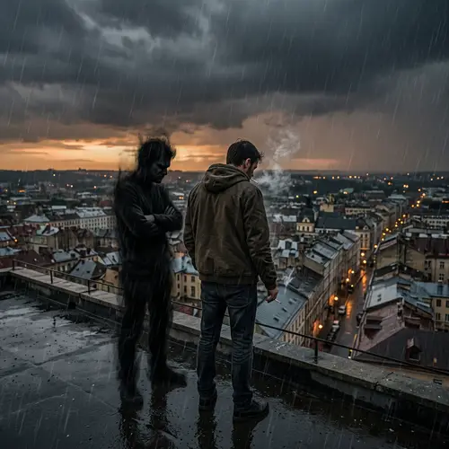 Man on High-rise Building Roof Smoking Cigarette | Sad & Somber Atmosphere