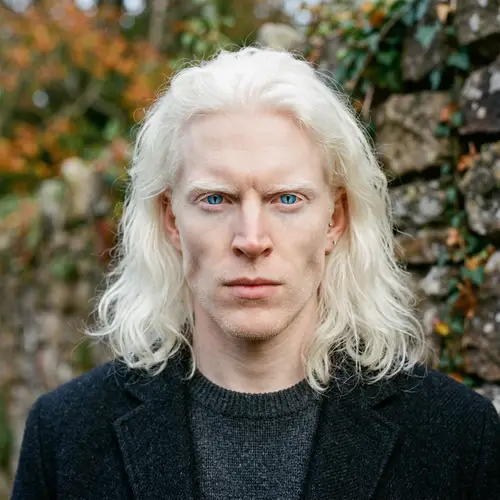 Striking Albino Man with Cat-Like Blue Eyes
