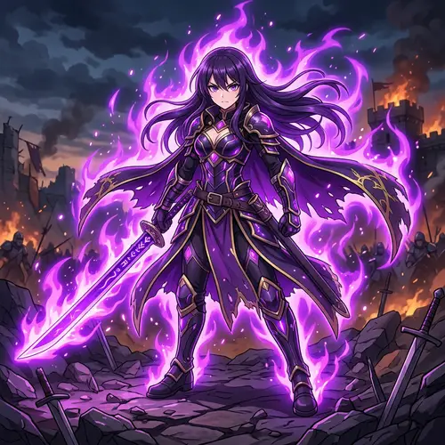 Anime-Style Character with Purple Aura and Sword