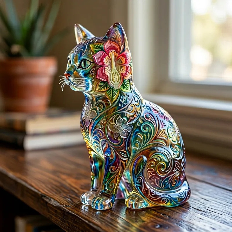 Colorful Glass Cat Engraving with Half Flower Design