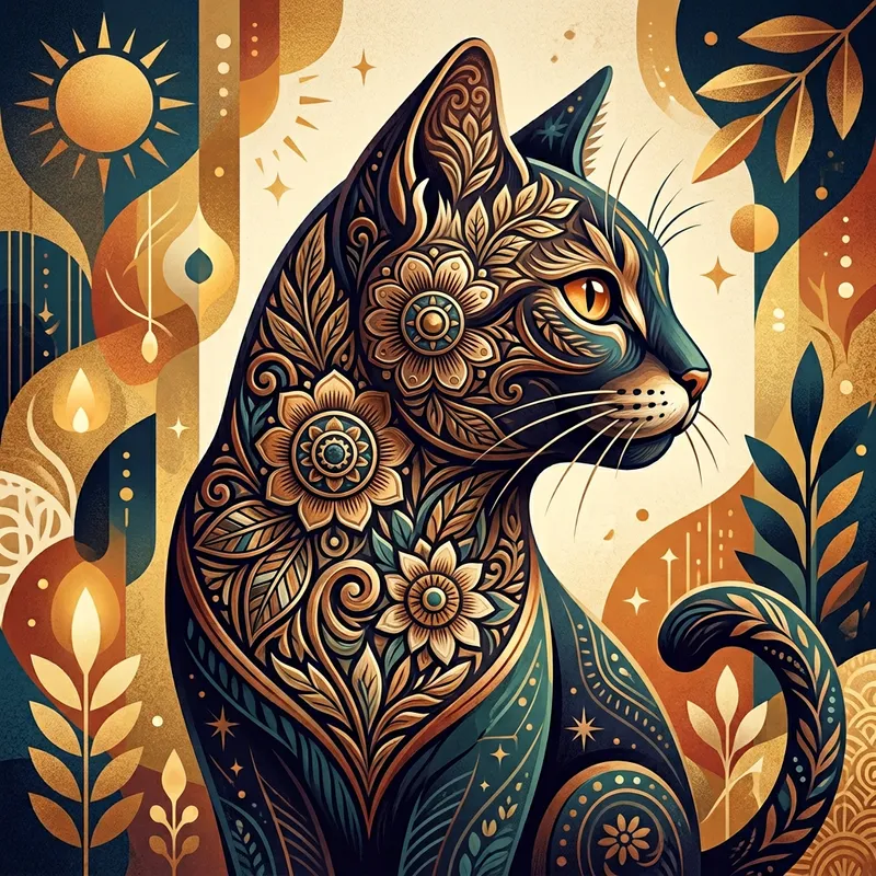 Stylish Cat Graphic with Circular Floral Design