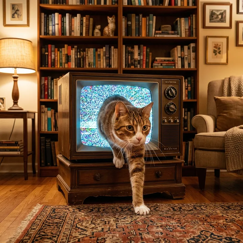 Cat Emerges from Vintage TV in Cozy Living Room