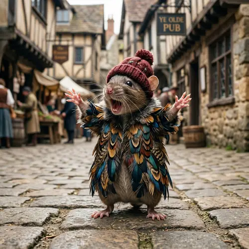 Stylish Rat in Feather Coat and Wool Hat