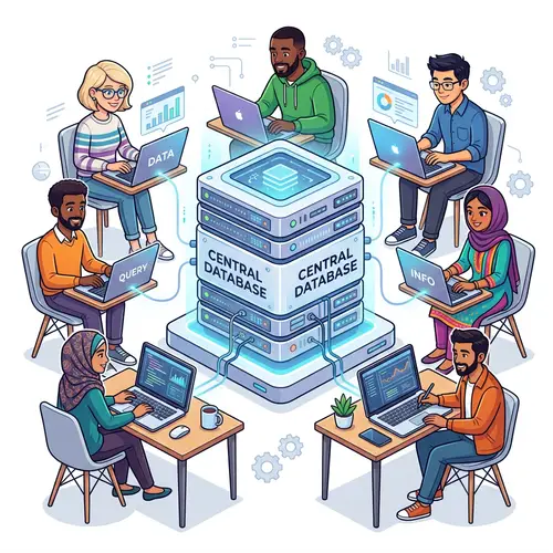 Diverse Individuals Engaging with Database Illustration