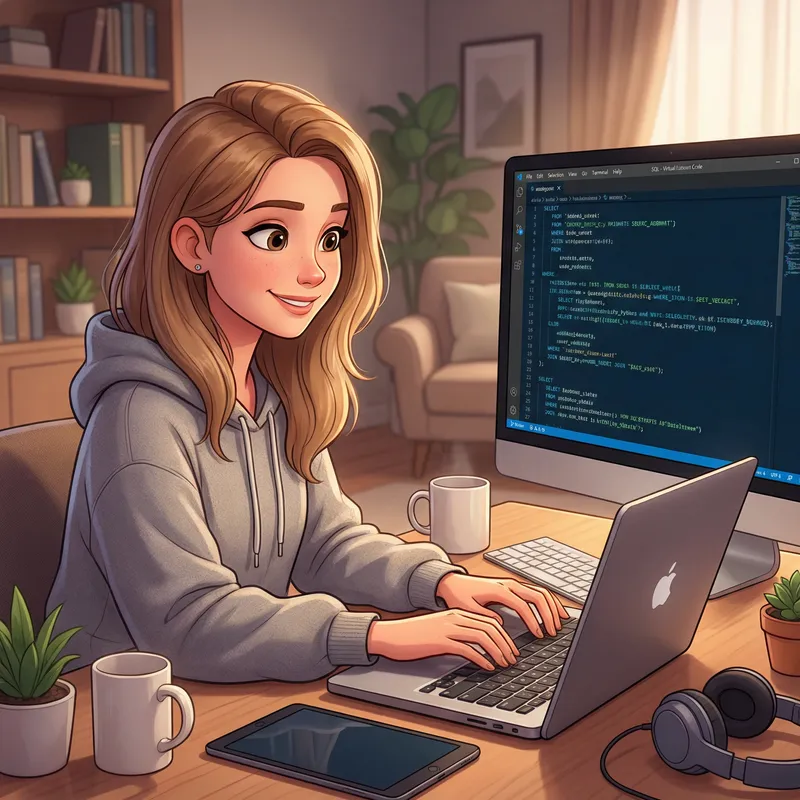 Cartoon of a Woman Coding in SQL