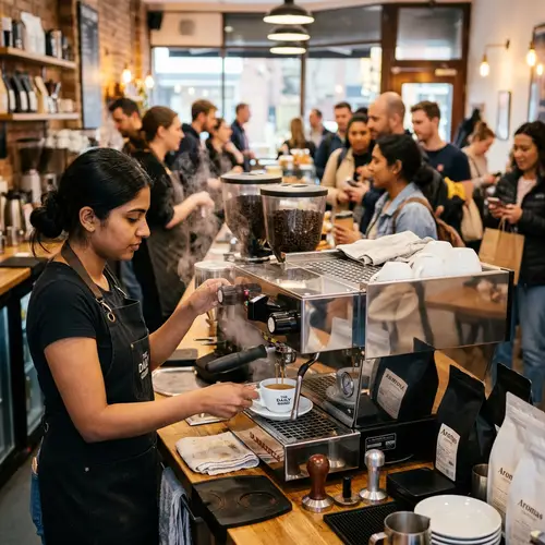 Morning Espresso Scene at Busy Café | Freshly Brewed Coffee