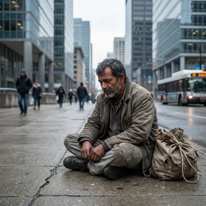 Financially Struggling Homeless Man: Portrait of Poverty