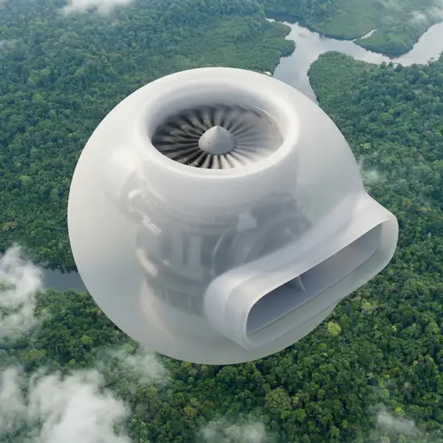 Top View of Large Turbofan Jet Engine Flying Above Lush Forest