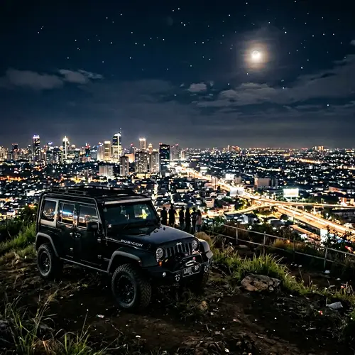 Night View from a Hill with a Black Jeep