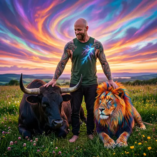 Peaceful Scene: Lion, Bull & Dragon Tattooed Man